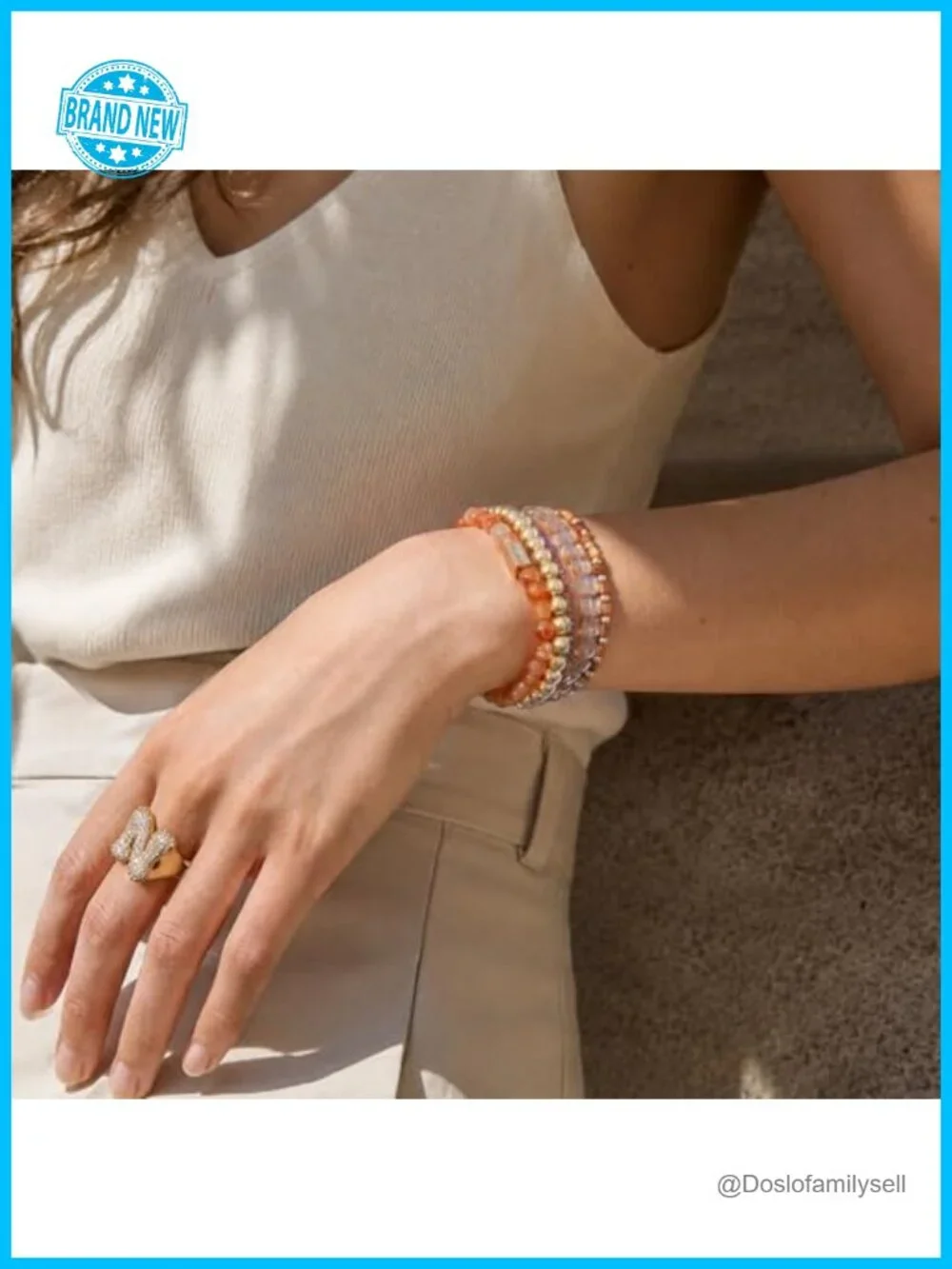 5-Piece Stackable Beaded Stretch Bracelet Set, 14K Gold Plated Natural Stone